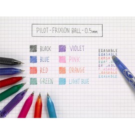 Pilot Frixion Ball Heat/Friction Erasable Rollerball Pen - Fine Line 0.5mm Tip Nib - Green, Light Blue, Pink & Red Ink - Pack of 4