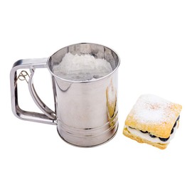 Restaurantware Pastry Tek 2.5 Cup Flour Sifter 1 Corrosion-Tolerant Baking Sifter - Squeeze Handle Triple Mesh Screen Stainless Steel Flour Sieve For Sugar Flour Or Coffee Powder