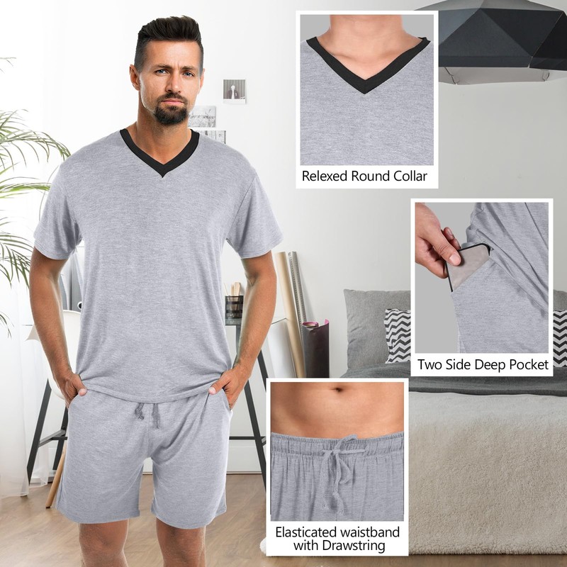 Velmitten 2 Sets Men's V Neck Pajamas Summer Pjs Set