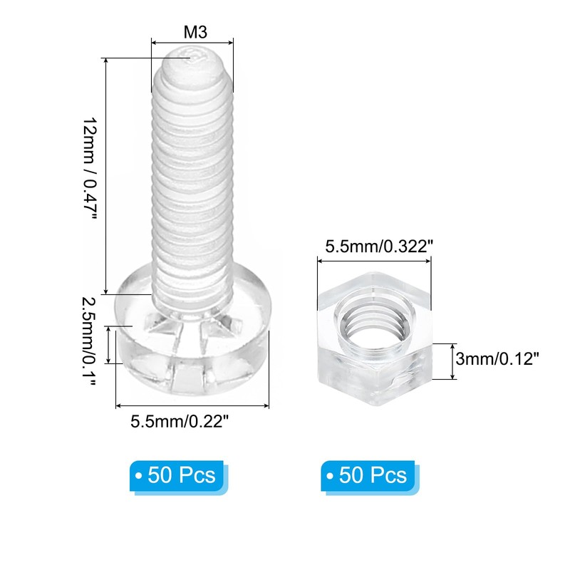 PATIKIL M3x12mm Clear Acrylic Screw and Hex Nut Kit 50