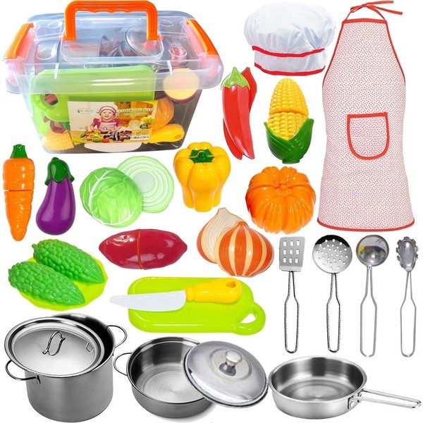 FUNERICA Pretend Play Kitchen Accessories with Stainless Steel Pots and Pans Set, Kitchen Utensils, Cutting Vegetables, Knife, Kids Apron & Chef Hat, Storage Container, for Toddlers, Boys and Girls