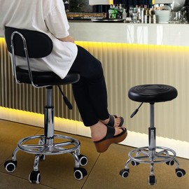 Japard PU Leather High Modern Rolling Stool with High Back, Height Adjustable 18.8"-23.6", Work Salon Drafting Swivel Task Chair with Footrest, Black