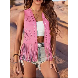 LouVasabuce Women Boho Western Tassel Vest Open Front Faux Suede Fringe Cardigan Sleeveless Jacket Vintage Hippie Outwear(Fuchsia, L)