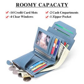 SENDEFN Women's Small Purse Women's Genuine Leather with 14 Card Slots RFID Blocking with Coin Pocket Small Purse, Light blue-a