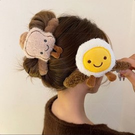 Cute Fried Egg Plush Large Hair Claw Clip for Women, Autumn/Winter Style Free Size / 2 + Toast 20ea