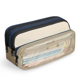 Estuche para Lápices con 3 compartimentos,Bolsa de Lápices,Organizador de Papeleria Multifuncional de Gran Capacidad,Material de Lona de Alta Calidad,para Escolar,Oficina,Trabajo,Azul Marino+Marrón