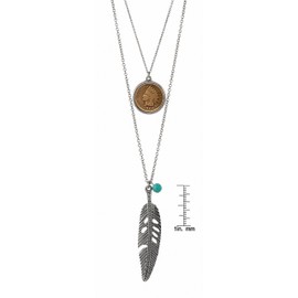 American Coin Treasures Silvertone Indian Cent Double Chain Feather Necklace with Turquoise Stone