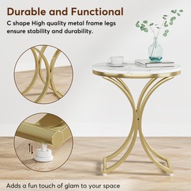 Tribesigns Set of 2 Faux Marble Round Side Table, White and Gold Contemporary End Table (2PCS)