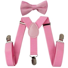 SEVENHEAD Pink Child Kids Suspenders Bowtie Set Adjustable Suspender Set Elastic Y-Back Design with Strong Metal Clips for Boys and Girls