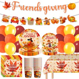 Friendsgiving Party Supplies Friendsgiving Plates and Napkins Set Friendsgiving Disposable Plates Napkins Cups Tablecloth Banner Balloons for Thanksgiving Party Decorations Thanksgiving Party Supplies