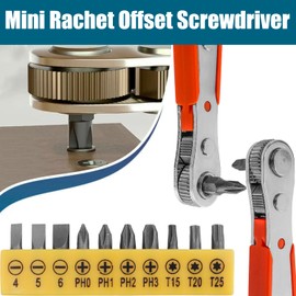 Treki Right Angle Screwdriver Set, Low Profile Screwdriver Mini Rachet Offset Screwdriver 90 Degree Ratcheting Screwdriver with 10pcs 1/4" Hex Drill Bits (Flatted & Phillips & Torx) for Tight Space