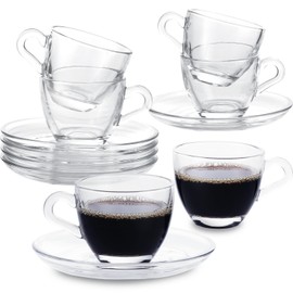 GURUDAR Glass Espresso Shot Cups with Saucers Set of 6, Clear Small Demitasse Cup with Stainless Steel Spoons, Dishwasher & Microwave Safe Tiny Coffee Mugs Only for Espresso, 2.5OZ/75ML