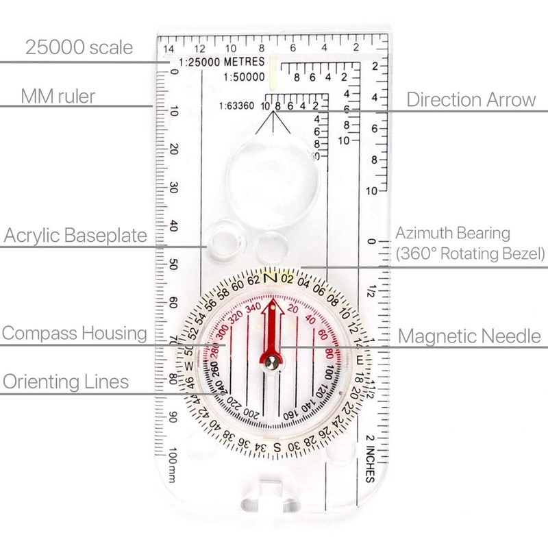 Outdoor Baseplate Ruler Map Scale Compass Hiking Explorer Compass with