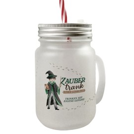 speecheese Magic Potion Mason Jar with Handle Drinking Glass with Lid with Magic Student in Green, An Charming Glass for Your Favourite Drink, Cool Wand Motif, Wizard Book Colours Teenagers