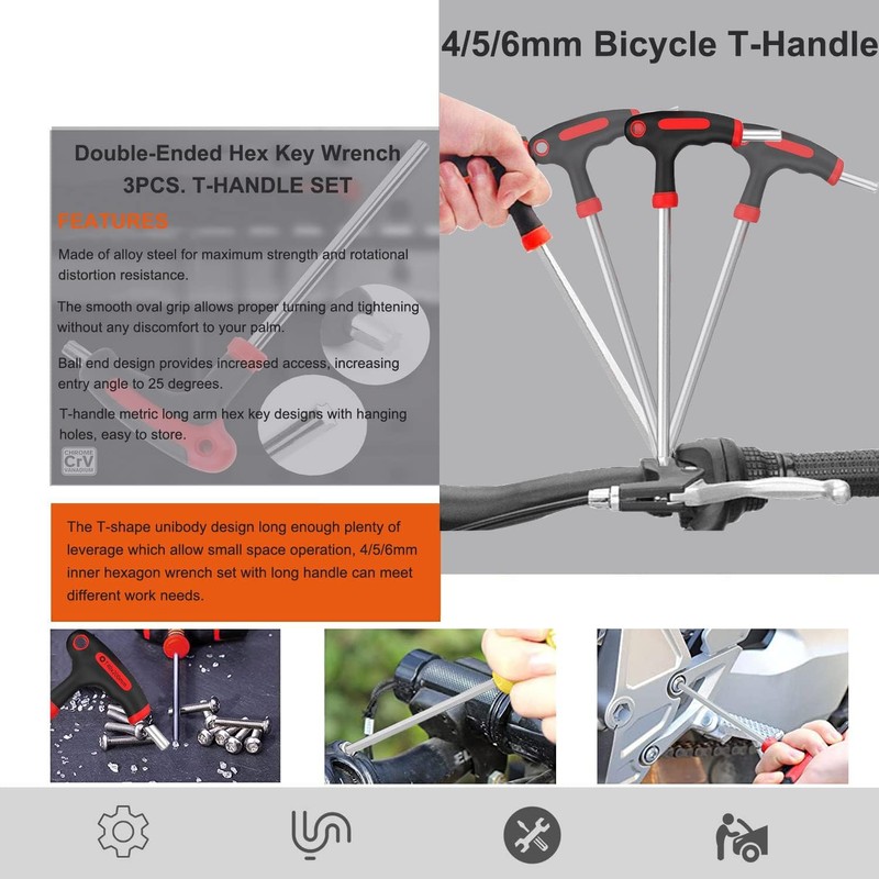 KEWAYO 3 PCS T-Handle Allen Wrench Set 4mm、 5mm 、6mm