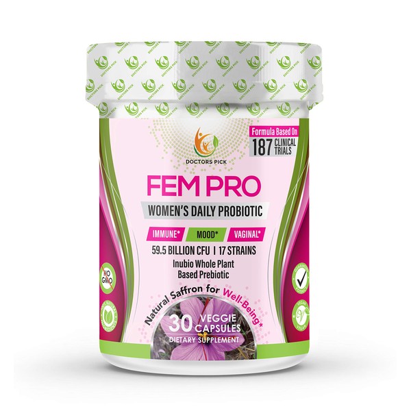 Doctors Pick Fem Pro Probiotics for Women. 17 Clinically Effective Strains for Vaginal, Digestive & Immune Support, Urinary Tract Health, pH Balance and Mood. Organic Prebiotic, 30 Veggie Capsules