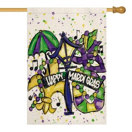 AVOIN Happy Mardi Gras Masquerade Mask Fleur de Lis Umbrella House Flag Vertical Double Sized, Holiday Party Mardi Gras Bead Lamp Yard Outdoor Decoration 28 x 40 Inch