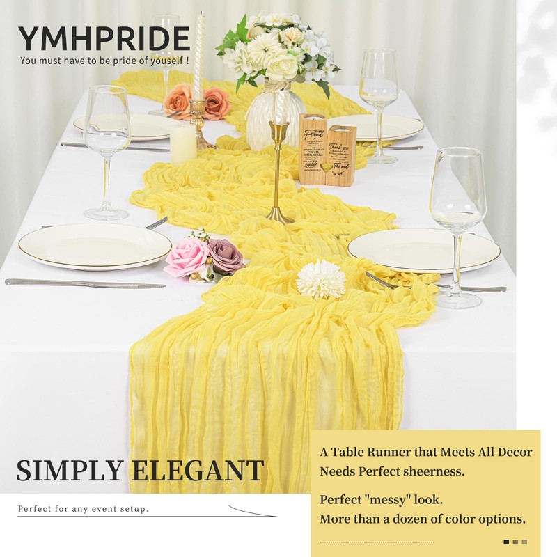 YMHPRIDE 2 Packs Cheesecloth Table Runner Baby Yellow, 90x300cm Light