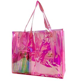 TotePrint Holographic Clear PVC Tote Bag - Reusable Hologram Shopping Bag, Transparent Gift Bags for Supermarket, Events & Sustainable Transport (Pack of 1), Pink