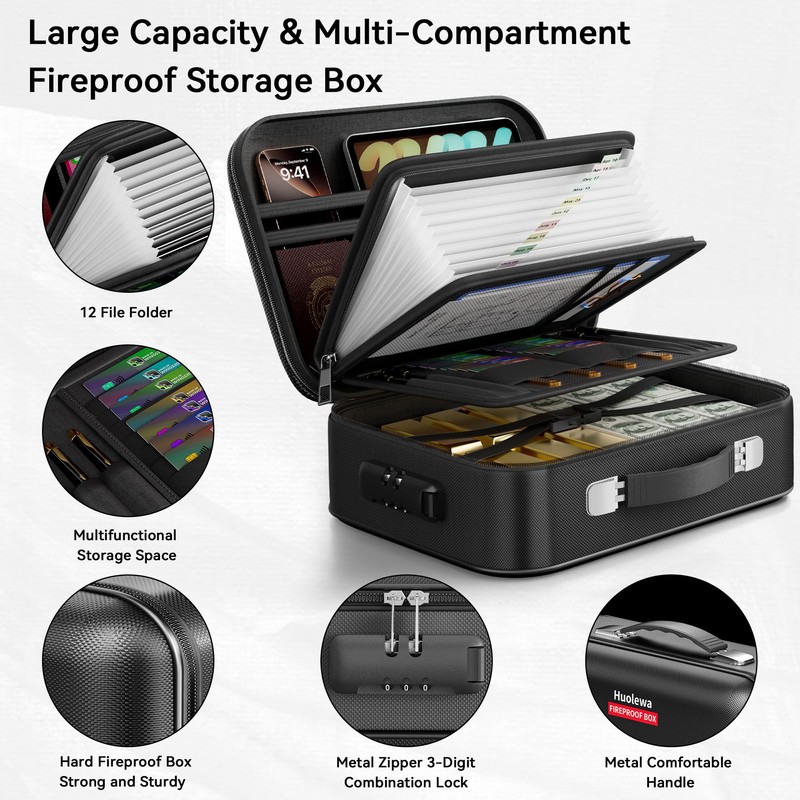 Fireproof Document Box, Hard Case Fireproof Box with Lock, Portable