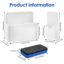 NEWJEK Pack of 3 Magnetic Pen Holder, Pen Holder Magnetic with 2 Pieces Whiteboard Sponge, Whiteboard Accessories, Magnetic Marker Holder for Fridge School Office (White)