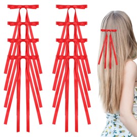 8 Pcs Dual Bows for Girls, Deep Red Hair Ribbon, Alligator Clips Hair Bows, Solid Satin Bowknot Accessories with Long Tassel Tail for Women Girls Daily Festival Dress Decor