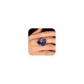 Jumwrit Shiny Crystal Flower Ring Statement Adjustable Open Band Wrap Finger Ring Square Rhinestone Floral Cocktail Ring Party Bridal Wedding Accessories Vintage Boho Knuckle Ring for Women (Blue)