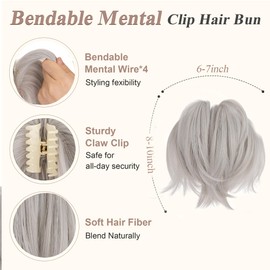 SEGO Claw Clip Ponytail Hair Extensions Bendable Metals Messy Bun Hair piece Straight Hairpieces Claw on Ponytail, Silver Grey & Bleach Blonde
