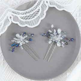 Edary Bridal Wedding Hair Pins Silver Blue Pearl Bridal Hairpieces Wedding Rhinestone Hair Accessories Pearl Bridal Hair Clips for Women and Girls 2 Pieces