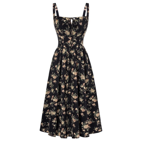 Corset Dress for Women Floral Ruched Bust Long Dresses Black
