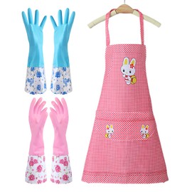 WUFGWBD 2 Pairs Of Dishwashing Gloves, 1 Apron, Household Cleaning Gloves, Long-Sleeved Wide Mouth Gloves, Waterproof Housework Gloves, Cleaning Gloves, Dishwashing And Cleaning Protective Set