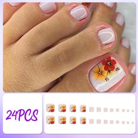 24Pcs French Tip False Toenails, Short Square Orange Flowers Glossy Fake Toe Nails Tips, Full Cover Elegant Press on Toe Nails, Acrylic Summer Beach Stick on Toenails for Women Girls DIY Nail Art