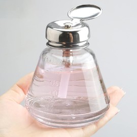 YYNGJCK 1 Pcs, 180ml/6 Oz Clear Glass Dispenser Bottle for Nail Polish and Makeup Remover, Thick Empty Lockable Push Down Alcohol Pump Sanitizer Container with Stainless Steel Cap (Metal Core)