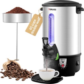 TERUISI Coffee Urn, 65 Cups/9L Commercial Coffee Maker, 1300W Large Coffee Maker Hot Water Tea Urn with Filter Basket & Adjustable Temperature, Stainless Steel Hot Drink Beverage Dispenser
