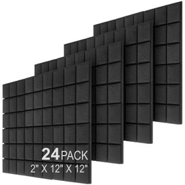 JBER 24 Pack 2" X 12" X 12" Acoustic Foam Panels,Soundproofing Wall Studio foam Panels wedges,Sound Insulation Absorbing Acoustic Treatment,9 Blocks Beveled Mushroom Fireproof Design - Black