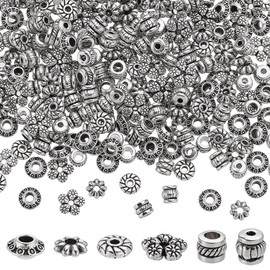PH PandaHall 300pcs 6 Styles Tibetan Spacer Beads Antique Silver Metal Flat Round Bracelet Beads Antique Silver Flower Loose Bead for Summer Bracelet Necklace Earrings Jewellery Making Crafts