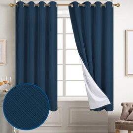 Diraysid 100% Blackout Curtains Navy Blue Linen Curtains for Bedroom Grommet Thermal Insulated Room Darkening Drapes (2 Panels, W52 x L72 Inch)
