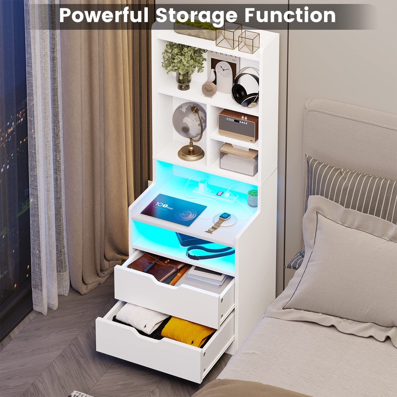 BTHFST Tall Nightstand with Charging Station and LED Lights, White