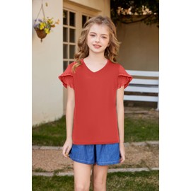 Arshiner Tops for Girls Double Layer Ruffle Sleeve Girls Tops V Neck Kids Blouse Short Sleeve Kids Tee 9-10 Years Red