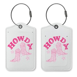 ZFQ Luggage Tags for Suitcases,Pink Cowgirl 2 Pack Suitcase Tags for Travel,Preppy Teen Girls Gifts,Howdy Trendy Luggage Tag Label with Steel Loop