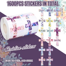 Whaline 1000 Pcs Easter Crossing Stickers Roll Floral Cross Bible Verse Self-Adhesive Sticker Decals for Scrapbook Journal Decor Spring Christian Holiday, 16 Designs
