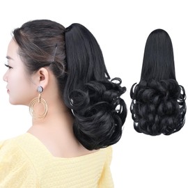 HSPCYGG Black Ponytail Extensions Fake Claw Clip Ponytails Synthetic Hair Extension 12" Wavy 3.8 OZ Curly Hairpieces Women Wig Yaki Fluffy¬ Tangled