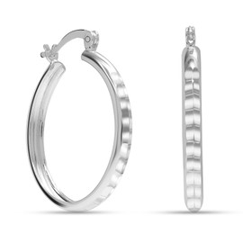 Charmsy 925 Sterling Silver Medium Click-Top Hoop Earrings Lightweight Italian Diamond-Cut Round Classic Hoops Earring for Women 30 MM