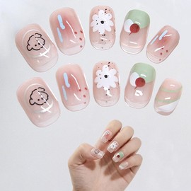 TUMETINSS Nail Tips, Short, False Nails, Cute, Cartoon Floral Design, Peel and Stick, Gradient, For Children, Adults, Fashionable, For Nails, Pack of 24