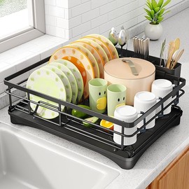 Dish Drying Rack - Stainless Steel Dish Rack for Kitchen Counter, Large-Capacity Dish Drainer with Cutlery Holder, Kitchen Organizer for Dishes, Spoons and Forks, Black