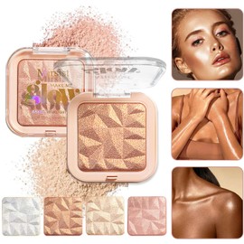 WALULAN 4 Colors Diamond Shimmering Powder, High Glossy Face Illuminator Palette, Natural Glow Finish, Pearl Shimmer Smooth Baked Powder, Lasting Highlighter Eyeshadow
