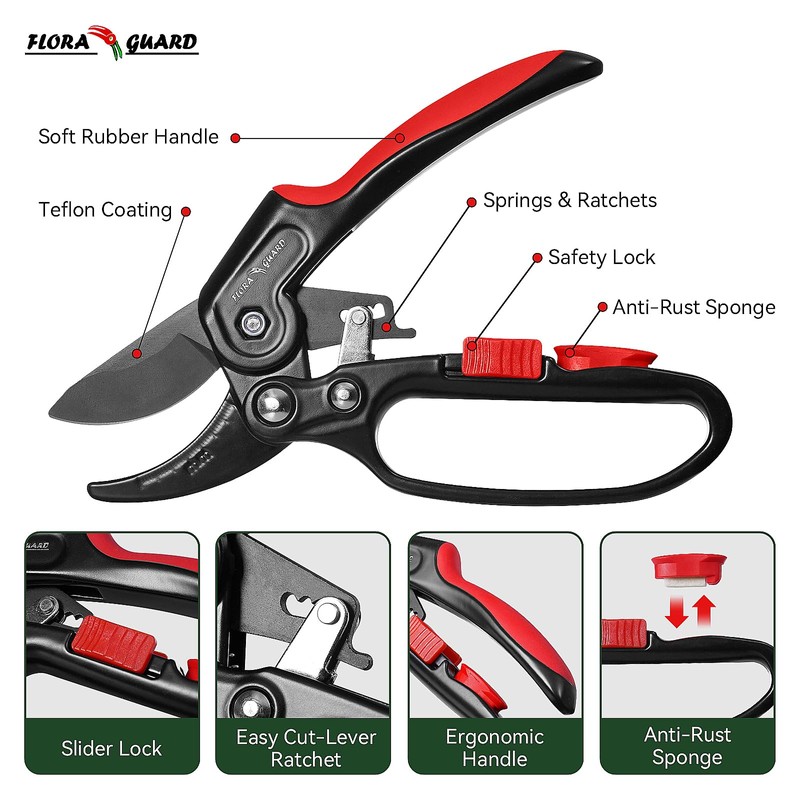 FLORA GUARD Ratchet Pruning Shears, Professional Garden Clippers, Increases Cutting
