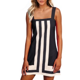 Ailoqing 2025 Women Boho Floral Mini Dress Summer Casual Color Block Beach Overall Striped Dress Coverups(Black-S)