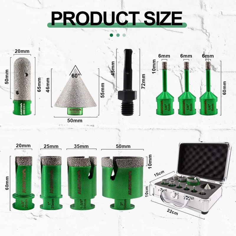 KURSTOL Diamond Core Drill Bits Kit - 7pcs 6/6/6/20/25/35/50mm+1pc 2"
