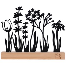 UNUS Silhouette Decorative Flower Meadow Metal with Bamboo Wooden Base, Ideal for Windowsill, Kitchen or Living Room, Black